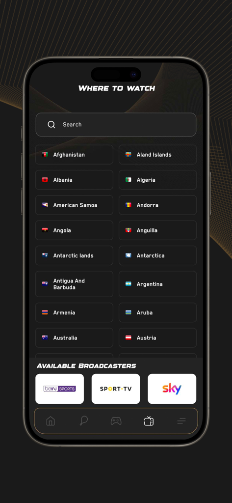 A mobile screen from the Premier Padel app displaying a search bar for countries and logos of available broadcasters like beIN SPORTS and Sky.