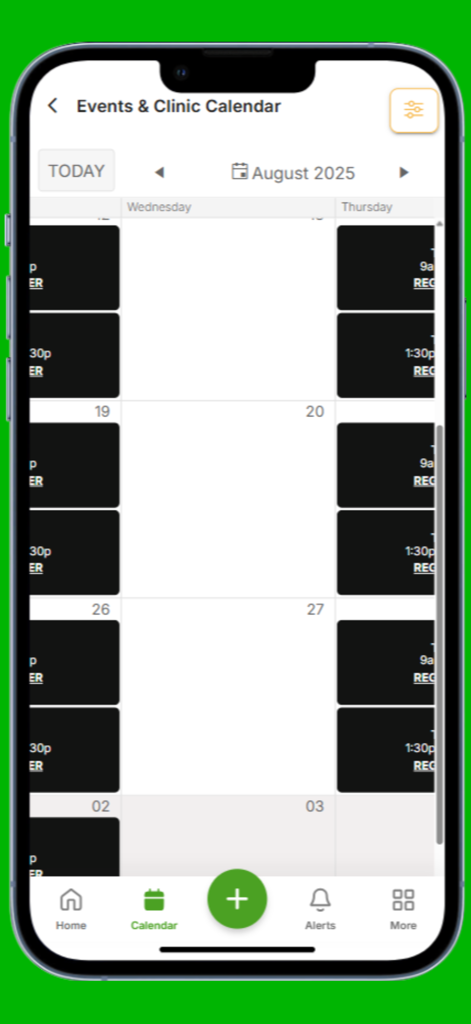 Events and clinic calendar view in the National Pickleball Center app showing scheduled pickleball sessions.