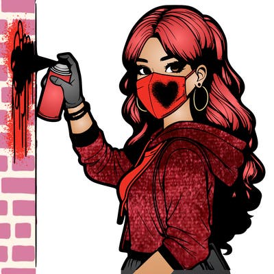 realistic girl with mask spray painting a wall