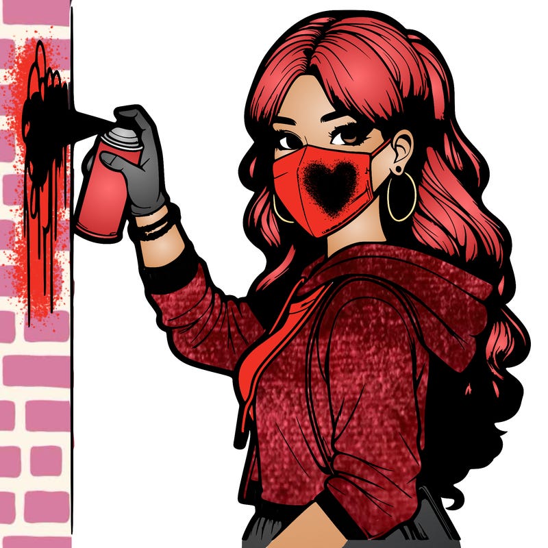 realistic girl with mask spray painting a wall