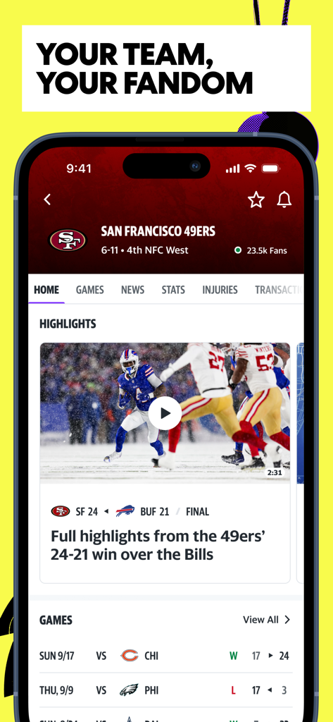 Yahoo Sportsアプリのパーソナライズされたサンフランシスコ・フォーティナイナーズのチームページ。試合のハイライト、スコア、ニュースが表示されています。