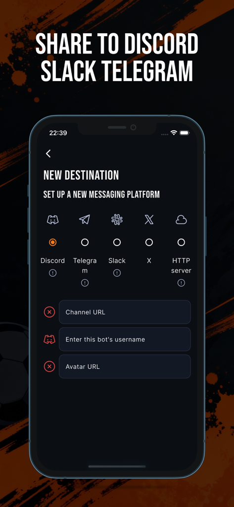 Foot Live Score: News & Videos - Bildschirm zur Einrichtung automatisierter Live-Fußball-Updates für Discord-, Slack- und Telegram-Communities