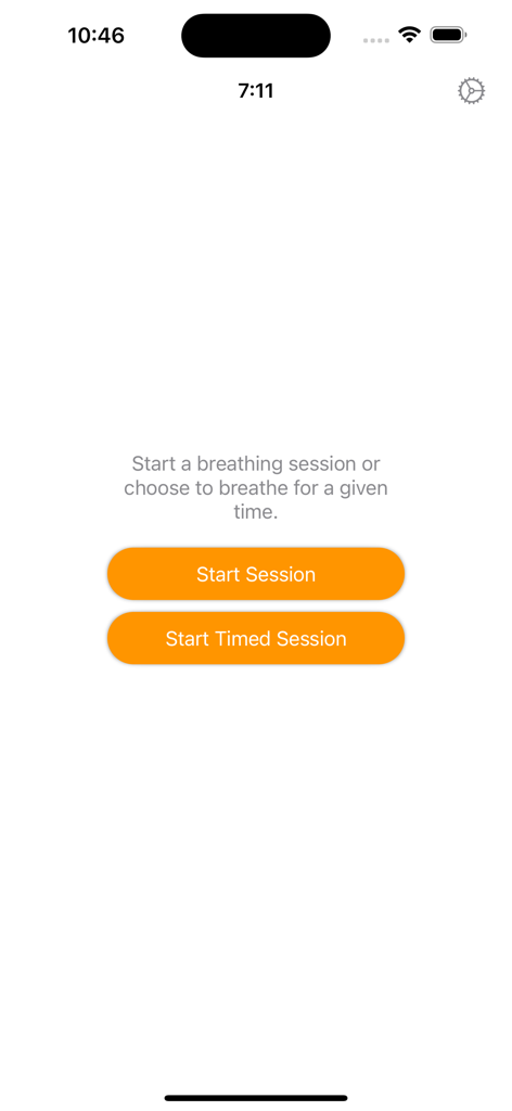 7:11 Breathing - Pantalla de inicio de la aplicación Respiración 7-11 con botones naranjas para iniciar una sesión o una sesión programada