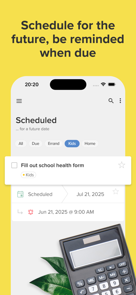 Interface of Nirvana for GTD app showing a scheduled task for a school health form with a reminder.