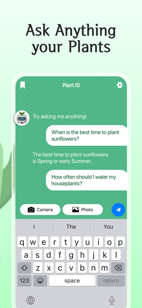 Uma interface de chat móvel mostrando um assistente de plantas de IA respondendo a perguntas sobre o plantio de girassóis e cuidados com plantas de interior.