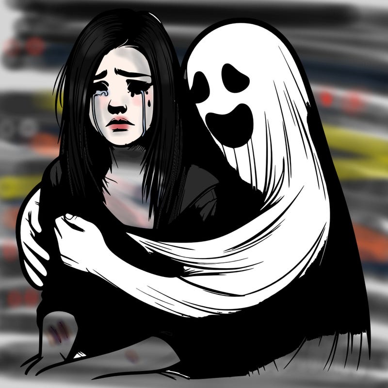 realistic girl crying but a ghost is huging her