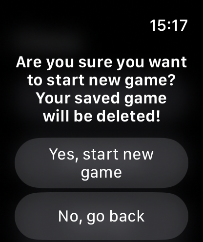 Mini Chess for Watch - A confirmation alert on an Apple Watch screen asking the user if they want to start a new chess game and delete their current progress.