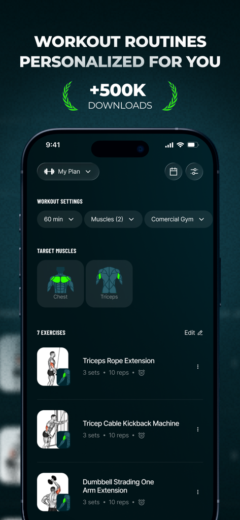 Befit AI: Workout Routines - Interfaz de la aplicación Befit AI que muestra una rutina de entrenamiento de gimnasio personalizada para pecho y tríceps