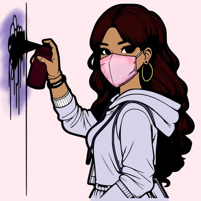 realistic girl with mask spray painting a wall