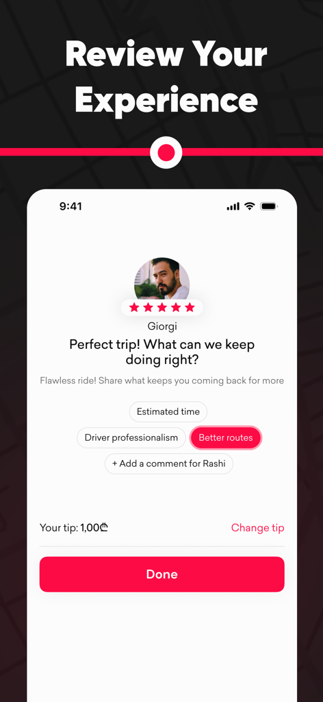 Rashi - Georgian rides - ジョージアのラシ・ライド・アプリのドライバー評価画面。ドライバー、ジョージの評価とチップのインターフェースを表示。