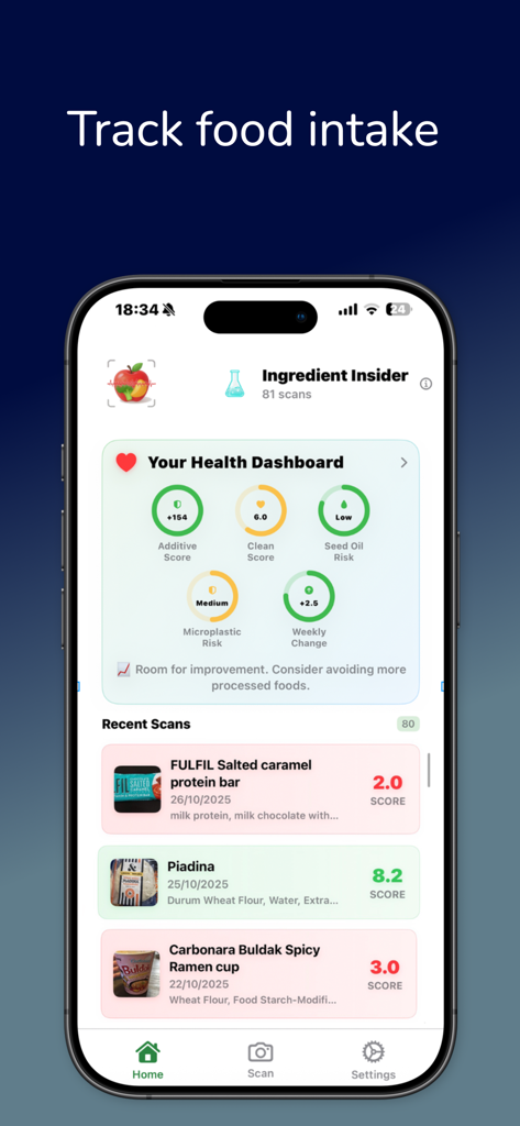 Tableau de bord de santé de l'application Exposr montrant les scores de risque d'additifs et d'huiles de graines avec des scans récents de produits alimentaires