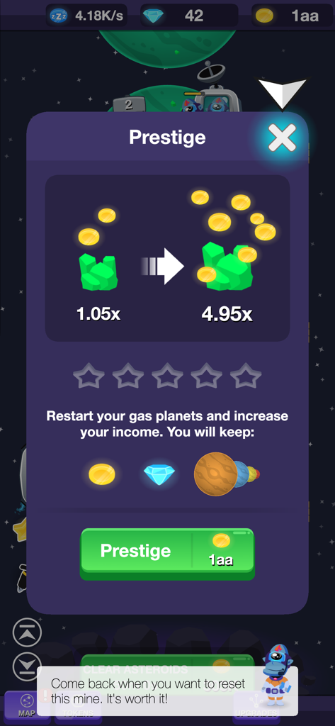 Planet Miner FRVR - Menú de prestigio del juego en Planet Miner FRVR mostrando la opción de reiniciar planetas de gas para aumentar los ingresos con un multiplicador de bonificación