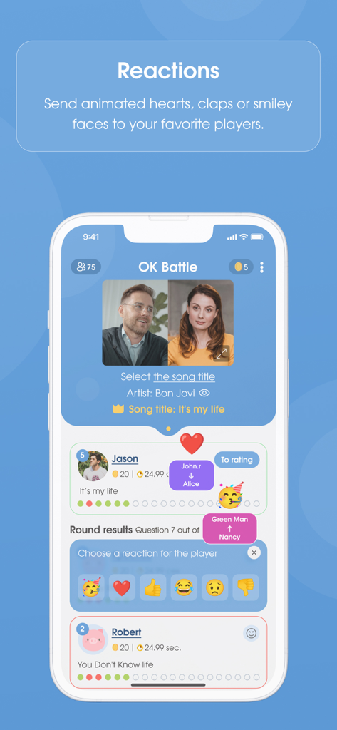 OK Battle - Interfaz de la aplicación OK Battle que muestra reacciones de emoji interactivas y trivia musical durante una sesión de juego en vivo