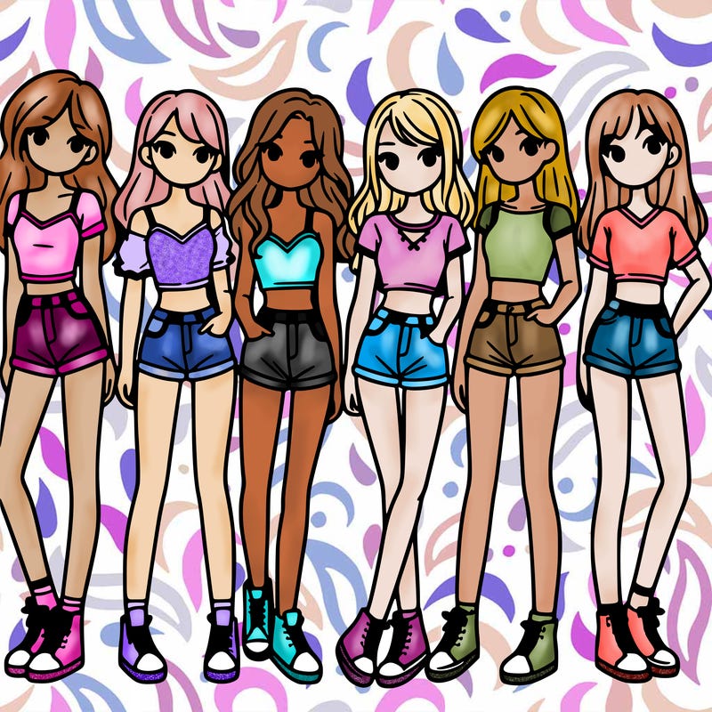 a group of girls wearing crop tops and shorts