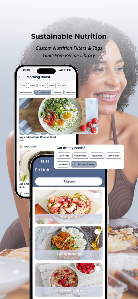ON-DMND - L'interface de l'application ON-DMND affichant des recettes de nutrition durables et des filtres diététiques personnalisés.
