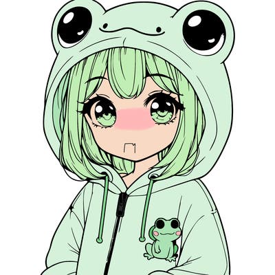 cute realistic girl in a froggy hoodie
