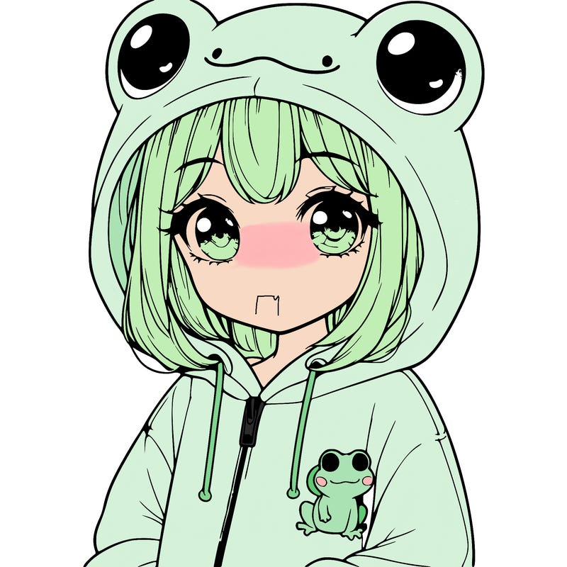 cute realistic girl in a froggy hoodie
