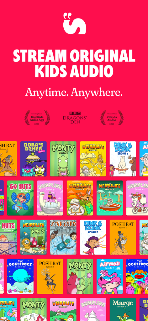 Promotional graphic for Sooper Books showcasing original kids audio stories and award badges
