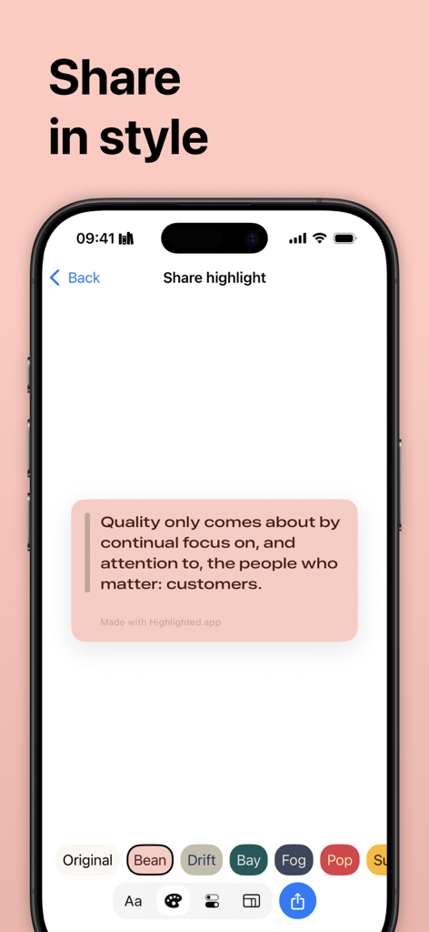 Share highlight screen showing a styled quote card with various color theme options at the bottom.