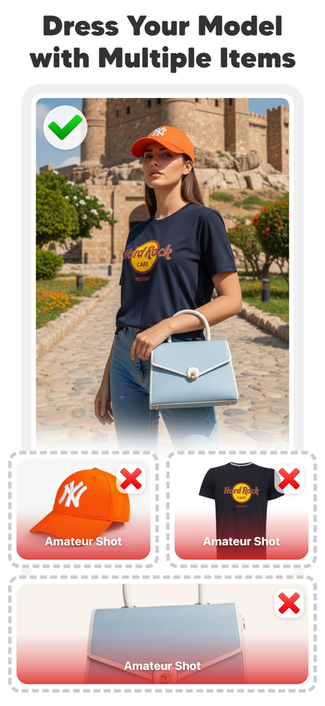 AI Fashion Model Maker: Diress - App interface demonstrating the combination of multiple clothing items from simple photos into a high quality AI model image