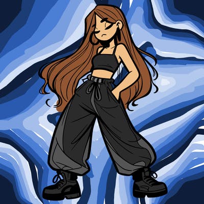 girl in baggy pants crop top and long hair