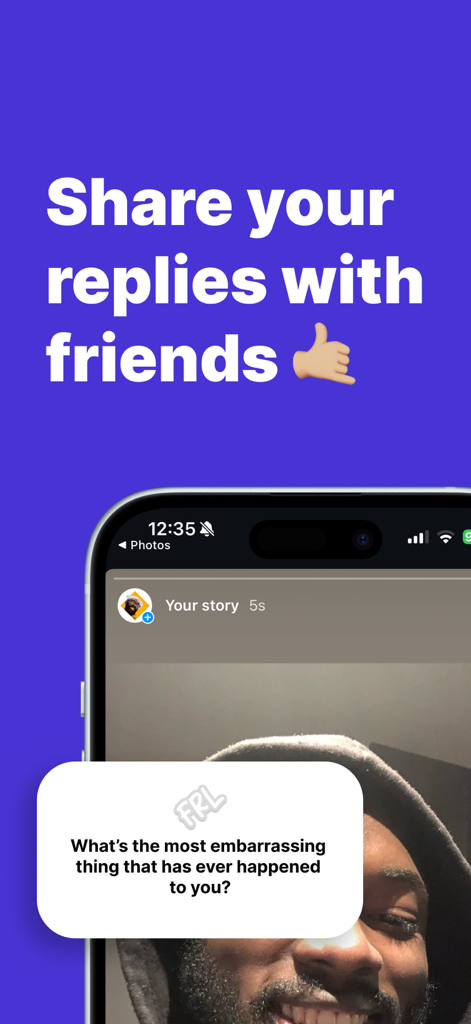 FRL - Anonymous Messages - Captura de tela do aplicativo FRL mostrando como compartilhar respostas de perguntas anônimas em histórias de mídia social