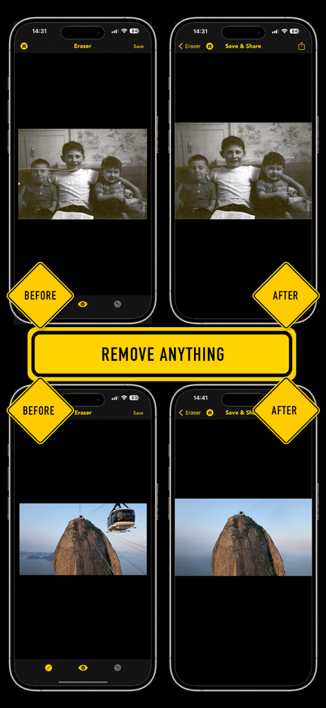 Lama fiXing 앱의 이전 및 이후 비교 스크린샷으로, 오래된 사진에서 스크래치를 제거하고 풍경에서 케이블카를 제거하는 것을 보여줍니다.