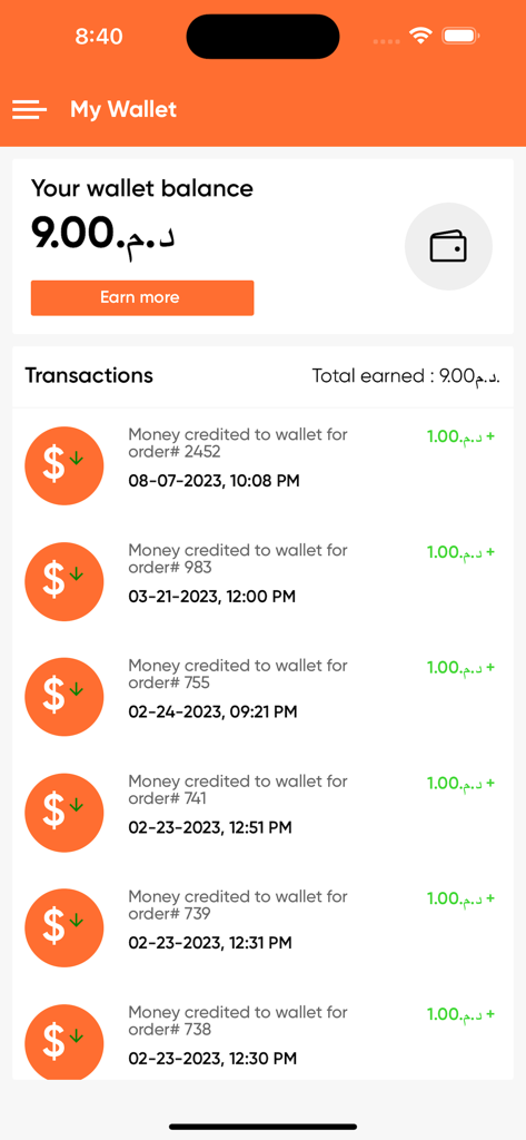 Mein Wallet-Bildschirm in der Iladary-App, der den Saldo und die Transaktionshistorie anzeigt.