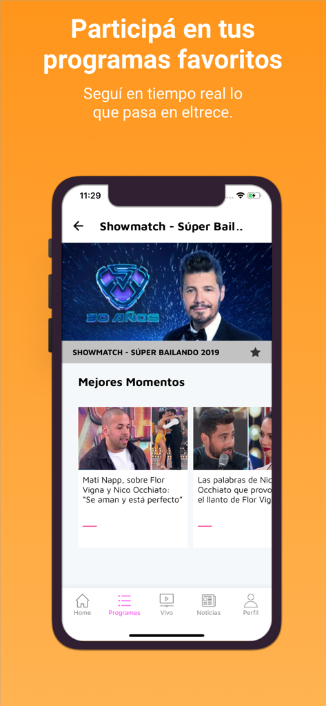 El Trece TV - Interface de l'application El Trece TV montrant les moments forts du programme Showmatch et les options interactives