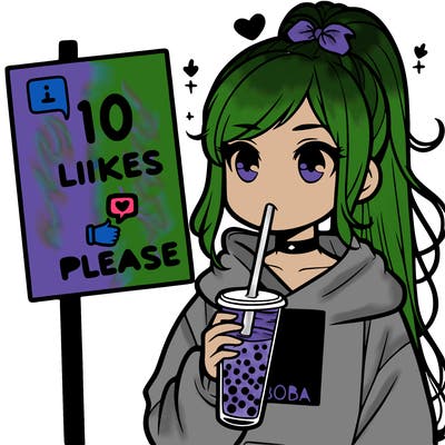 girl with a high ponytail and a hoodie drinking boba staring at a sign saying 10 likes please