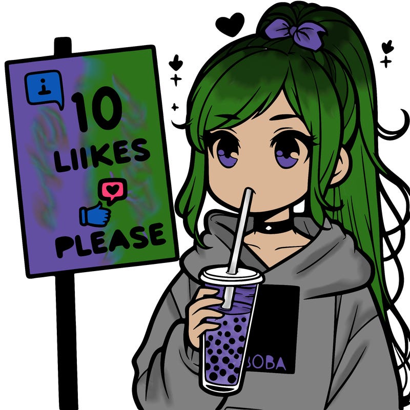 girl with a high ponytail and a hoodie drinking boba staring at a sign saying 10 likes please