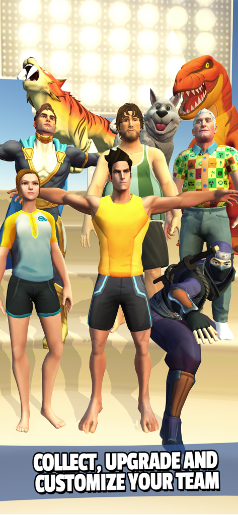 A group of diverse characters and animals including a ninja and dinosaur in Flip Master