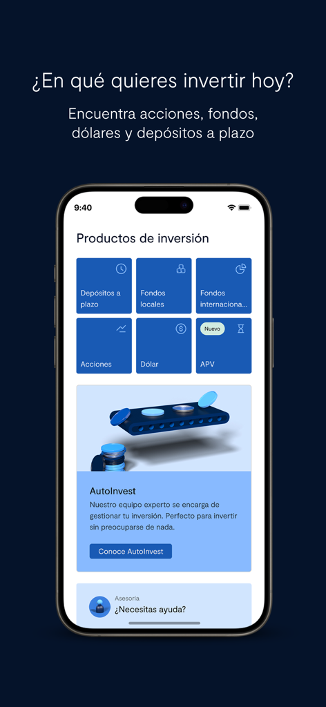 BTG Pactual Chile Inversiones - BTG Pactual Chile mobile app interface showing investment products including stocks, funds, and dollars.