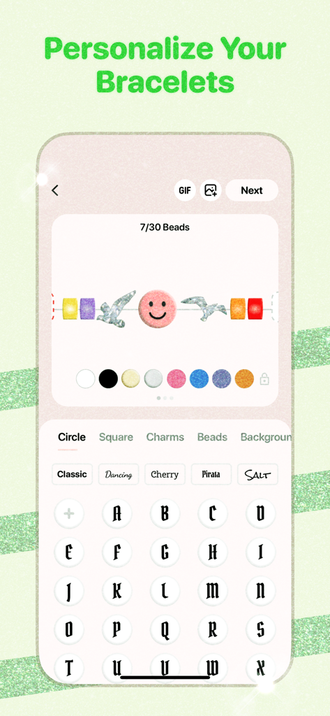 Uma tela de aplicativo de celular mostrando a interface de personalização para uma pulseira da amizade digital com miçangas coloridas e opções de letras estilizadas