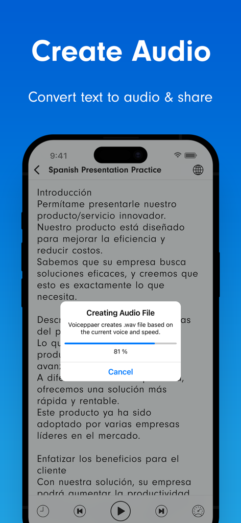Voicepaper app interface showing a text to audio conversion progress bar for a Spanish presentation