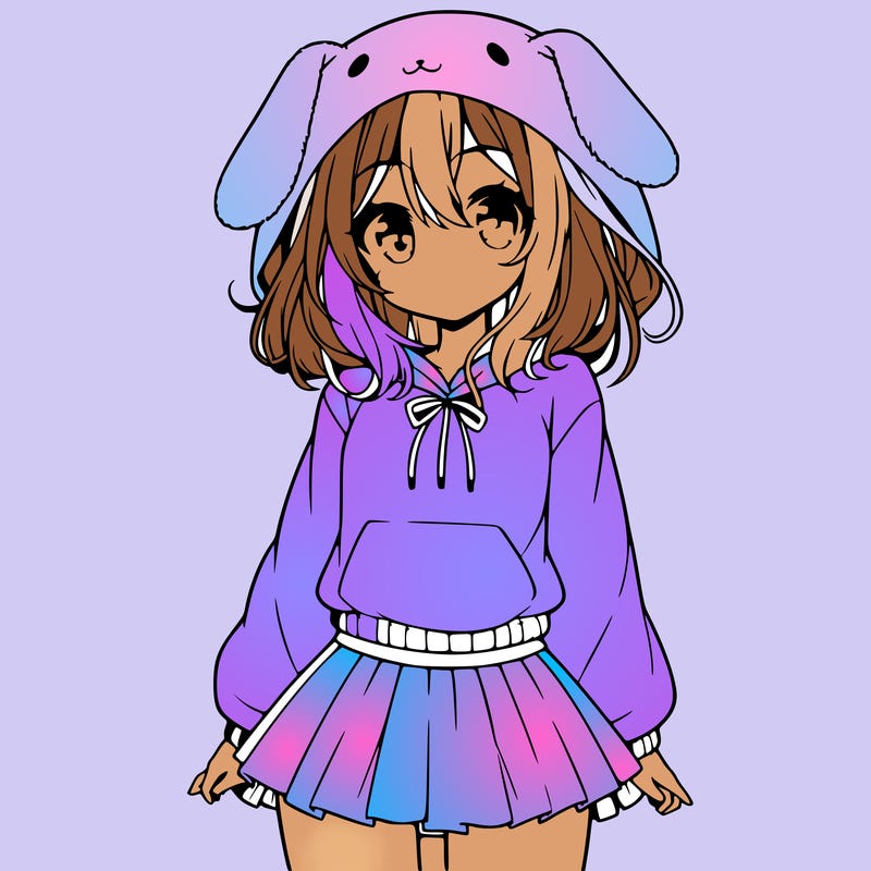 pretty anime girl wearing a fluffy hoodie with bunny ears on the hood and a skirt