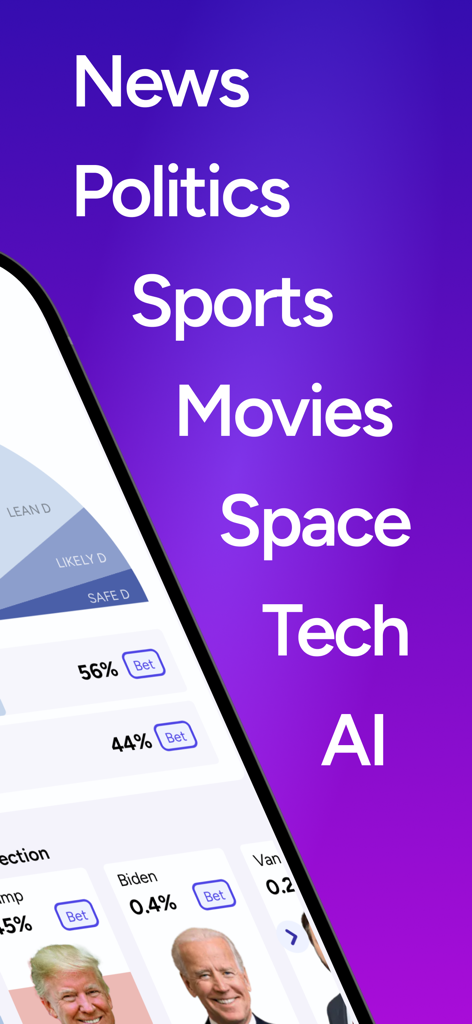Manifold Markets - Mobile screen showing Manifold Markets app with categories for news politics sports and AI prediction markets