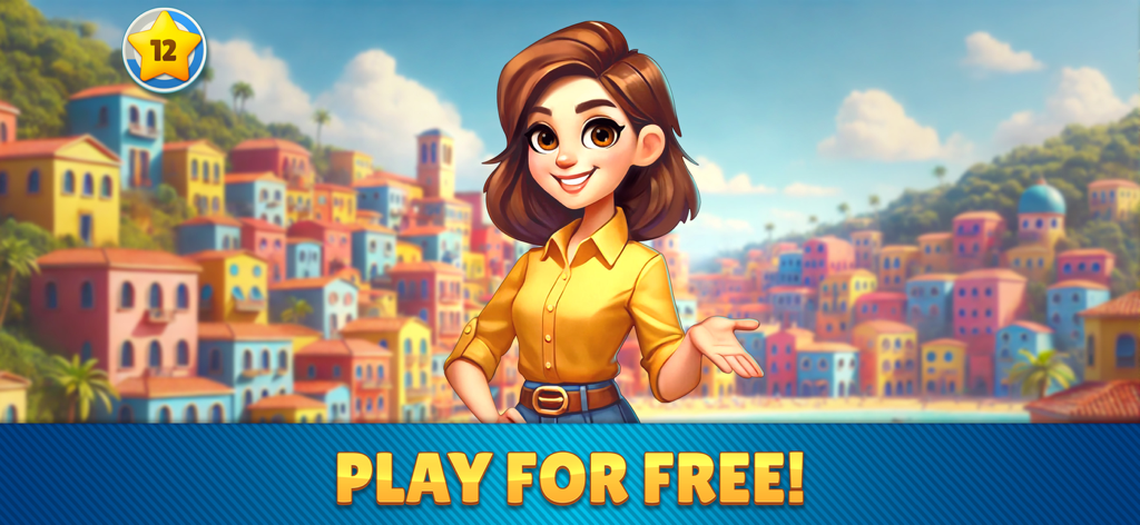Cozy Town: City Building Game - A smiling character standing in front of a colorful coastal city in the Cozy Town mobile game