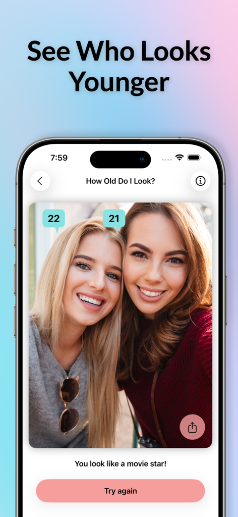 How Old Do I Look? AI Scanner - Two young women smiling for a selfie with AI age tags of 21 and 22 displayed over their faces