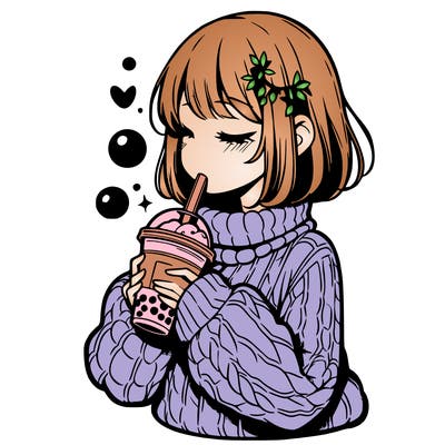 manga girl drinking boba in cozy sweater