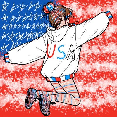 realistic girl jumping with a bun and oversized sweatshirt