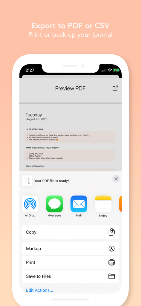 Morning! - Gratitude Journal - Oberfläche zum Exportieren eines Dankbarkeitstagebuch-Eintrags als PDF oder CSV auf dem iPhone