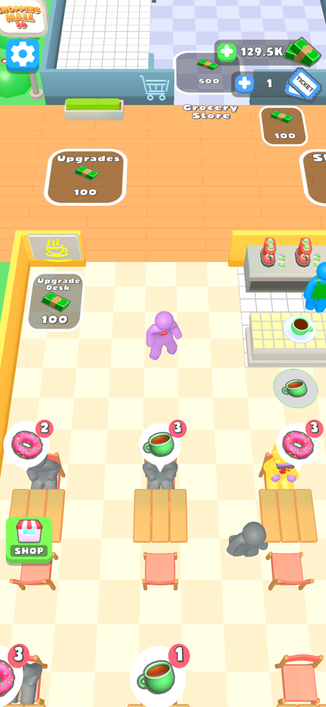 Shopping Mall 3D - Top down view of Shopping Mall 3D gameplay showing a purple character managing a restaurant area with customers