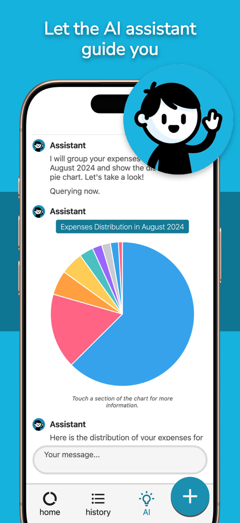 Un écran de smartphone affichant l'assistant IA de l'application Kakebo générant un graphique circulaire coloré de répartition des dépenses.