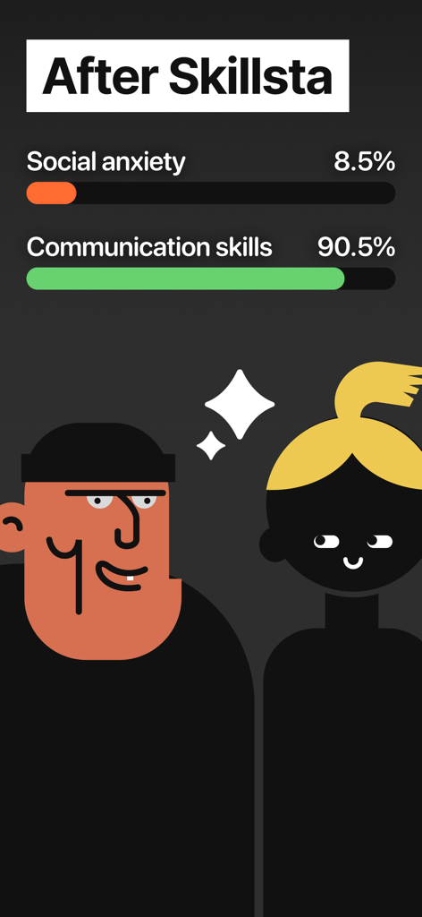 Skillsta: Social skill trainer - Graphic showing low social anxiety and high communication skills progress bars after using Skillsta