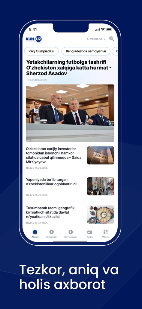 Kun.uz mobile app main feed displaying news articles and headlines in Uzbek