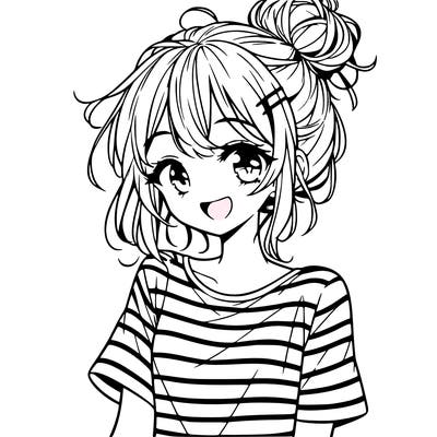 anime girl teenager striped shirt and smile and messy bun
