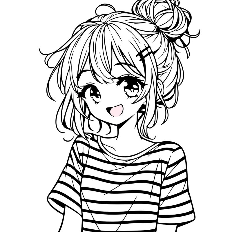 anime girl teenager striped shirt and smile and messy bun