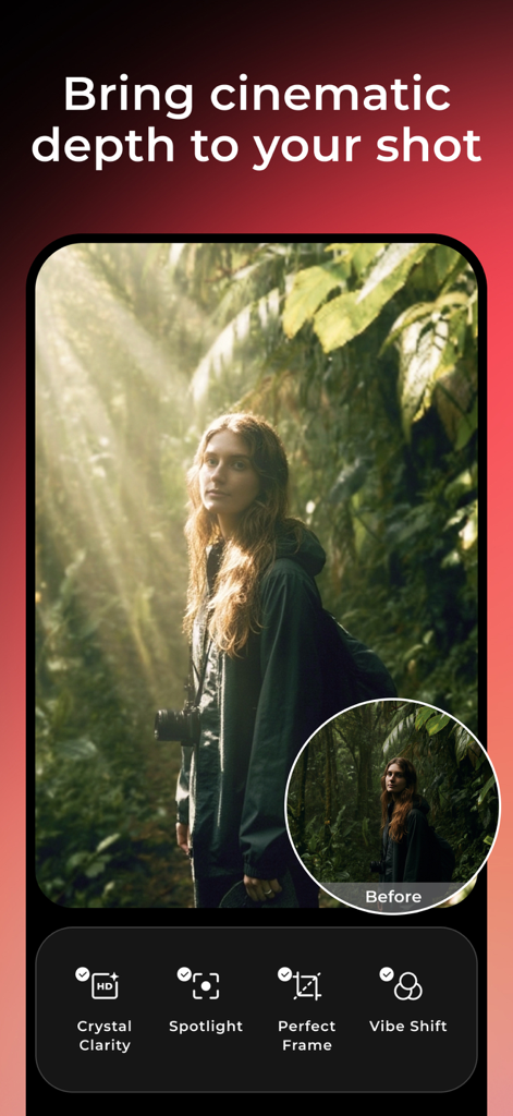 WayShotアプリのインターフェース。森の中の写真の編集前後の比較が表示されており、シネマティックな奥行き、クリアなディテール、バイブの変化といった機能が強調されている。