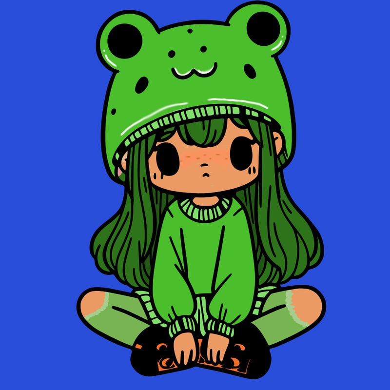 a girl wearing a frog hat and some frog socks